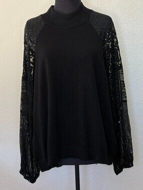 Belldini 3X Black Sequin Lace Sleeve Mock Neck Sweater